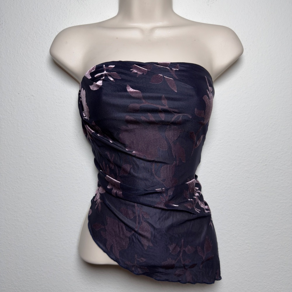 Lulus Womens Tube Top XS Navy Purple Burnout Velvet Floral Asymmetric Strapless